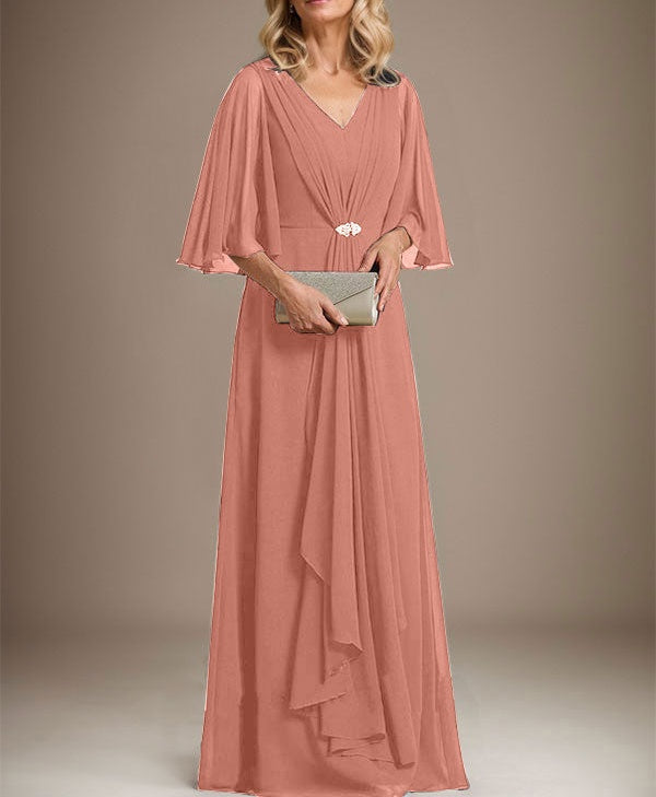 A-line V-Neck Floor-Length Chiffon Mother of the Bride Dress With Cascading Ruffles Crystal Brooch
