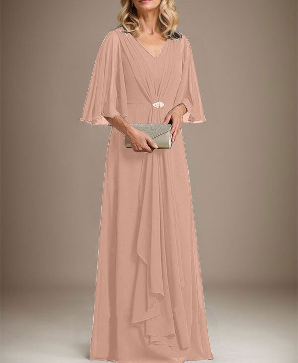 A-line V-Neck Floor-Length Chiffon Mother of the Bride Dress With Cascading Ruffles Crystal Brooch