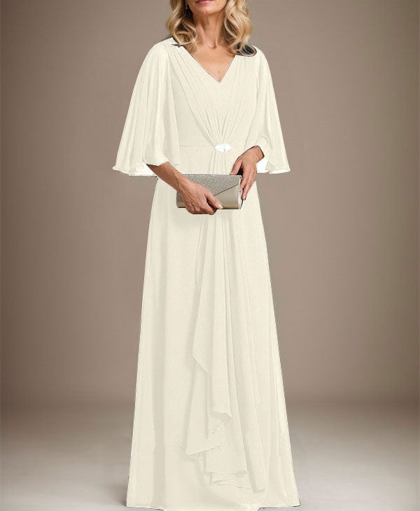A-line V-Neck Floor-Length Chiffon Mother of the Bride Dress With Cascading Ruffles Crystal Brooch
