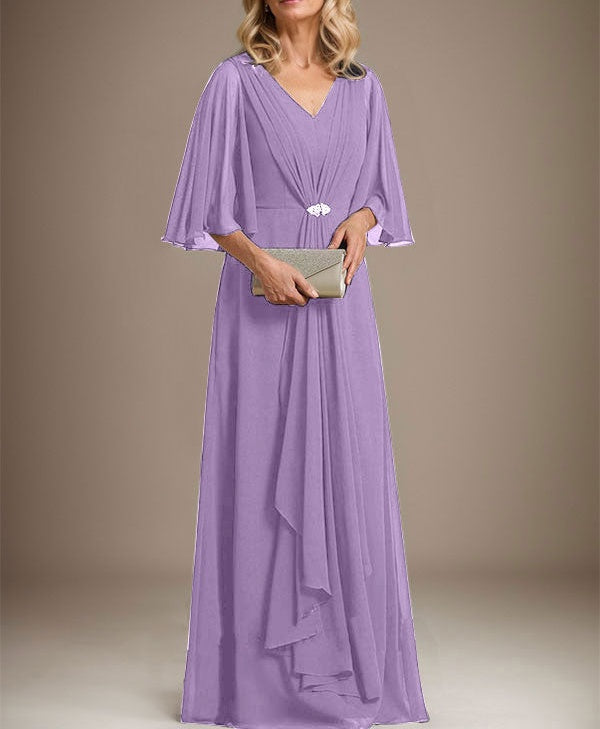 A-line V-Neck Floor-Length Chiffon Mother of the Bride Dress With Cascading Ruffles Crystal Brooch