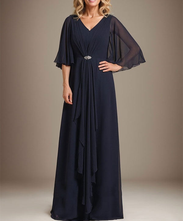 A-line V-Neck Floor-Length Chiffon Mother of the Bride Dress With Cascading Ruffles Crystal Brooch