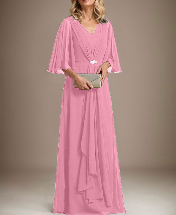 A-line V-Neck Floor-Length Chiffon Mother of the Bride Dress With Cascading Ruffles Crystal Brooch