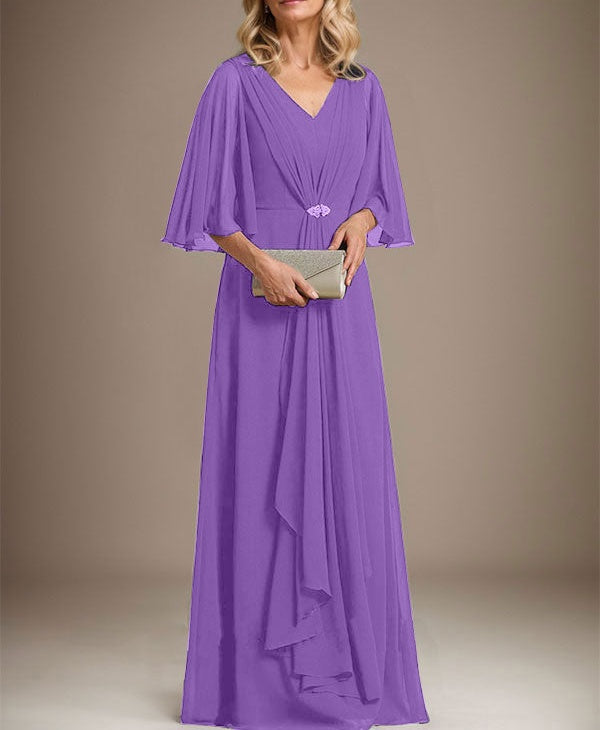 A-line V-Neck Floor-Length Chiffon Mother of the Bride Dress With Cascading Ruffles Crystal Brooch