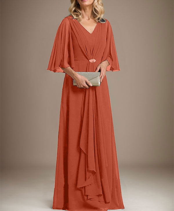 A-line V-Neck Floor-Length Chiffon Mother of the Bride Dress With Cascading Ruffles Crystal Brooch