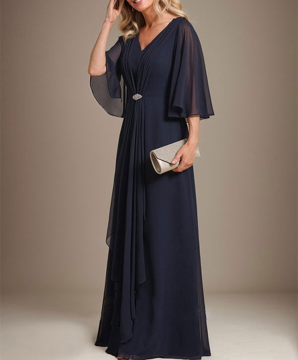 A-line V-Neck Floor-Length Chiffon Mother of the Bride Dress With Cascading Ruffles Crystal Brooch