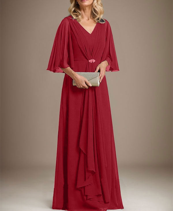 A-line V-Neck Floor-Length Chiffon Mother of the Bride Dress With Cascading Ruffles Crystal Brooch