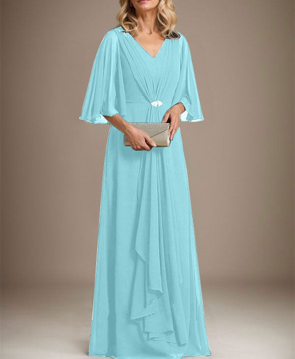 A-line V-Neck Floor-Length Chiffon Mother of the Bride Dress With Cascading Ruffles Crystal Brooch