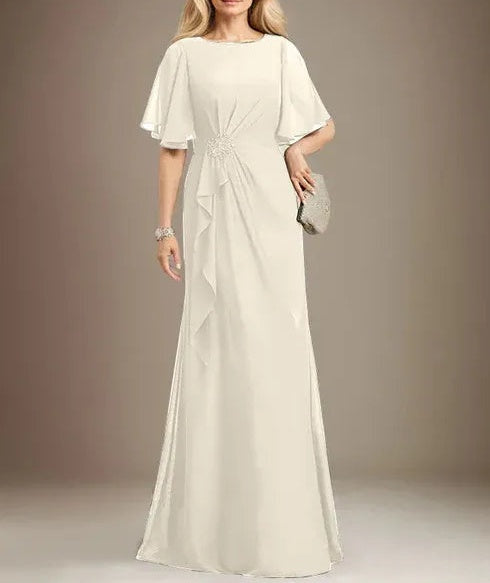 A-line Scoop Floor-Length Chiffon Mother of the Bride Dress With Cascading Ruffles Beading Sequins