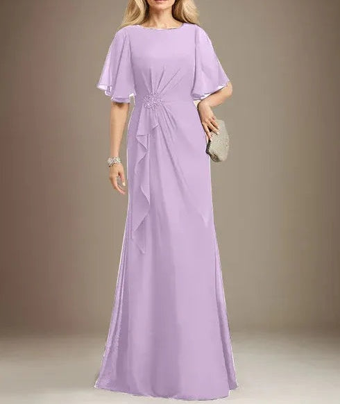 A-line Scoop Floor-Length Chiffon Mother of the Bride Dress With Cascading Ruffles Beading Sequins