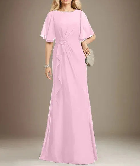 A-line Scoop Floor-Length Chiffon Mother of the Bride Dress With Cascading Ruffles Beading Sequins