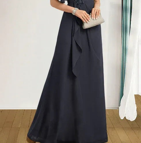 A-line Scoop Floor-Length Chiffon Mother of the Bride Dress With Cascading Ruffles Beading Sequins