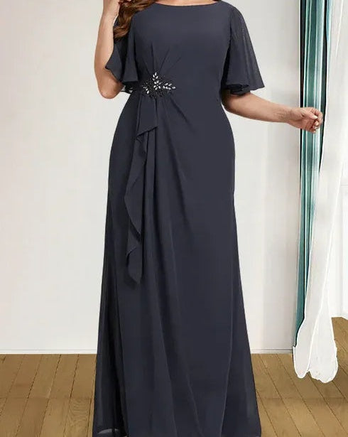 A-line Scoop Floor-Length Chiffon Mother of the Bride Dress With Cascading Ruffles Beading Sequins