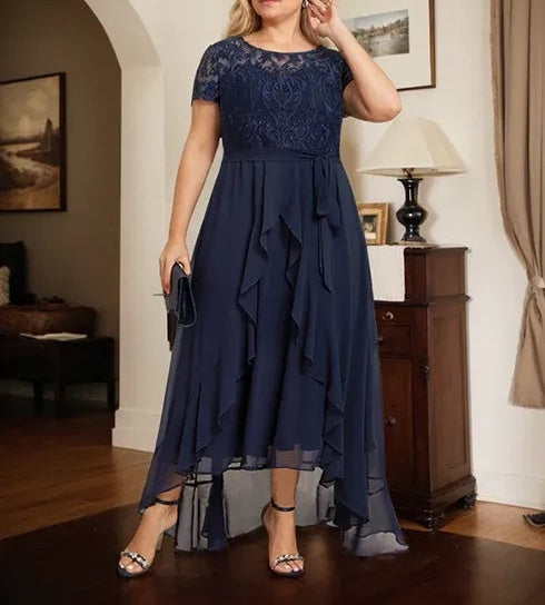 A-line Scoop Illusion Asymmetrical Chiffon Lace Mother of the Bride Dress With Bow Ruffle Sequins