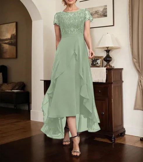 A-line Scoop Illusion Asymmetrical Chiffon Lace Mother of the Bride Dress With Bow Ruffle Sequins