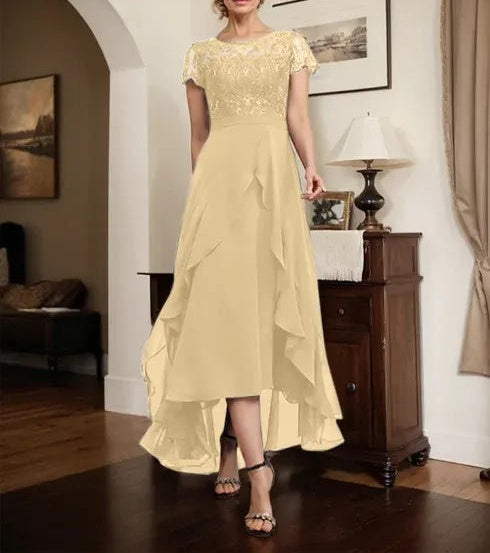A-line Scoop Illusion Asymmetrical Chiffon Lace Mother of the Bride Dress With Bow Ruffle Sequins
