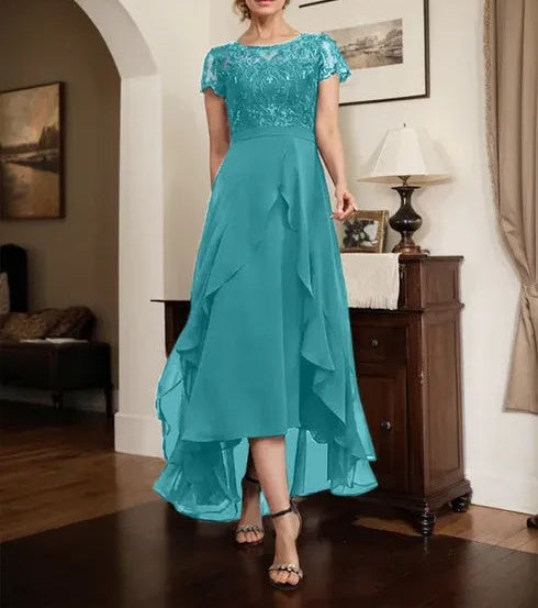 A-line Scoop Illusion Asymmetrical Chiffon Lace Mother of the Bride Dress With Bow Ruffle Sequins
