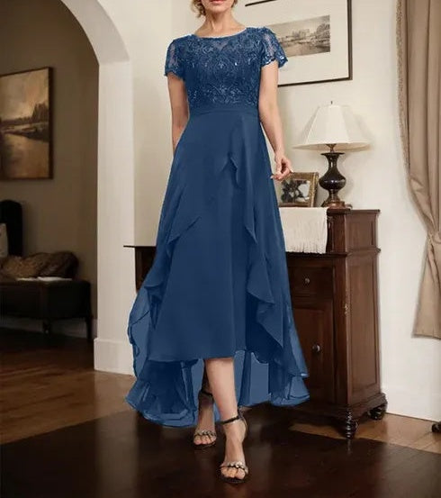 A-line Scoop Illusion Asymmetrical Chiffon Lace Mother of the Bride Dress With Bow Ruffle Sequins