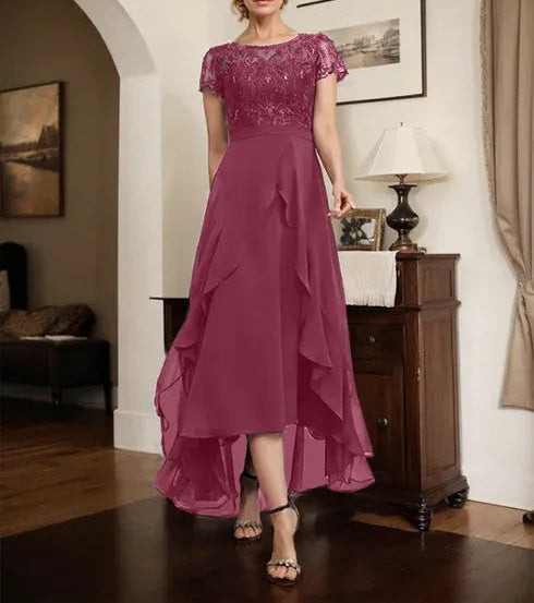 A-line Scoop Illusion Asymmetrical Chiffon Lace Mother of the Bride Dress With Bow Ruffle Sequins