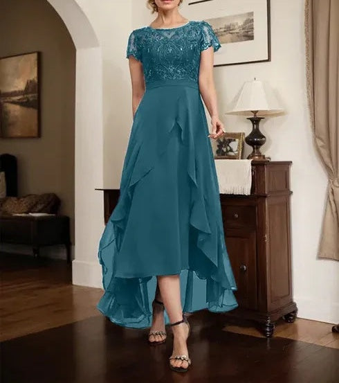 A-line Scoop Illusion Asymmetrical Chiffon Lace Mother of the Bride Dress With Bow Ruffle Sequins