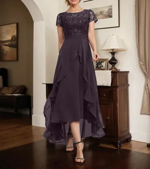 A-line Scoop Illusion Asymmetrical Chiffon Lace Mother of the Bride Dress With Bow Ruffle Sequins