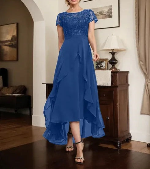 A-line Scoop Illusion Asymmetrical Chiffon Lace Mother of the Bride Dress With Bow Ruffle Sequins