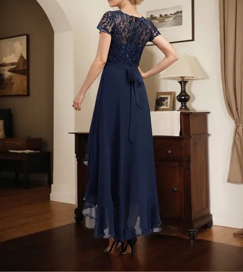 A-line Scoop Illusion Asymmetrical Chiffon Lace Mother of the Bride Dress With Bow Ruffle Sequins