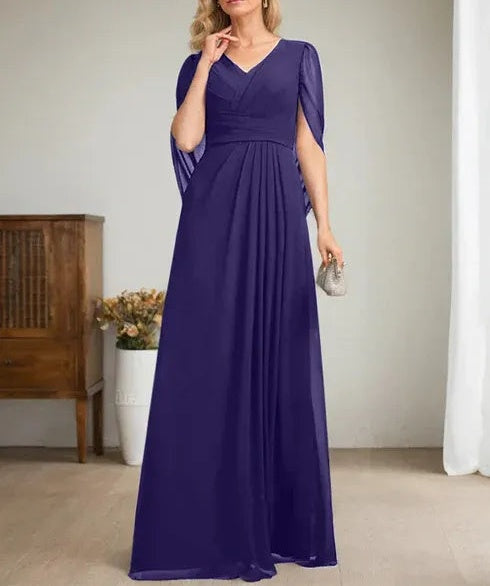 Dark Navy A-Line V-Neck Long Mother of Bride Dress