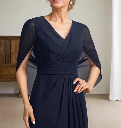 Dark Navy A-Line V-Neck Long Mother of Bride Dress