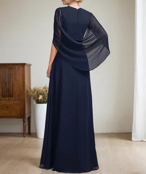 Dark Navy A-Line V-Neck Long Mother of Bride Dress