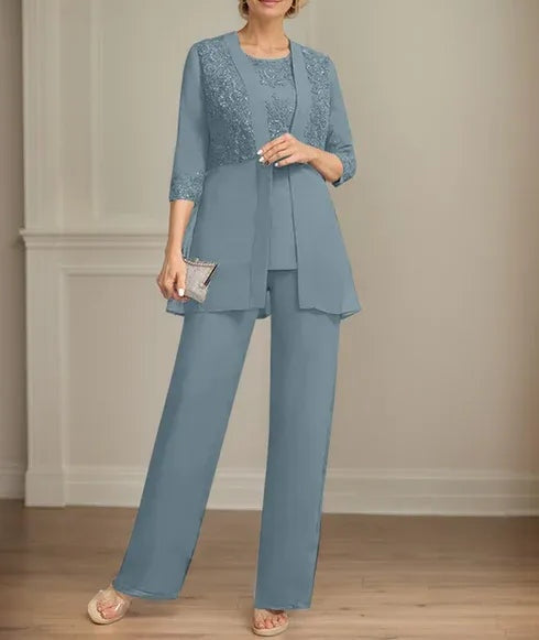 Jumpsuit/Pantsuit Separates Scoop Floor-Length Chiffon Lace Mother of the Bride Dress With Sequins
