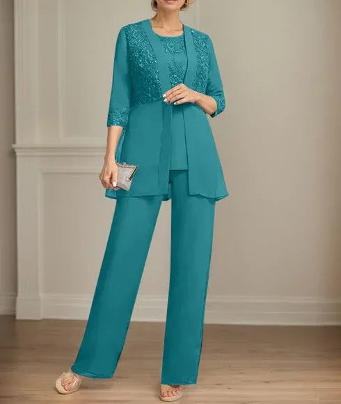 Jumpsuit/Pantsuit Separates Scoop Floor-Length Chiffon Lace Mother of the Bride Dress With Sequins