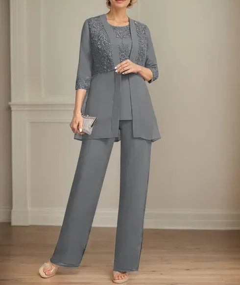 Jumpsuit/Pantsuit Separates Scoop Floor-Length Chiffon Lace Mother of the Bride Dress With Sequins
