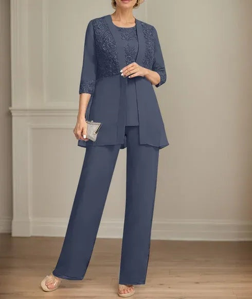 Jumpsuit/Pantsuit Separates Scoop Floor-Length Chiffon Lace Mother of the Bride Dress With Sequins