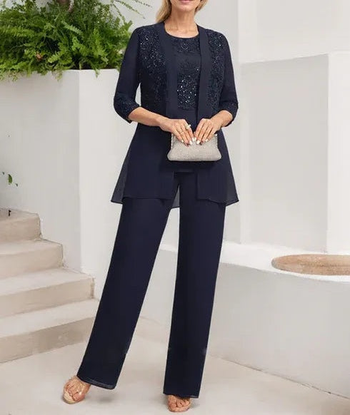 Jumpsuit/Pantsuit Separates Scoop Floor-Length Chiffon Lace Mother of the Bride Dress With Sequins