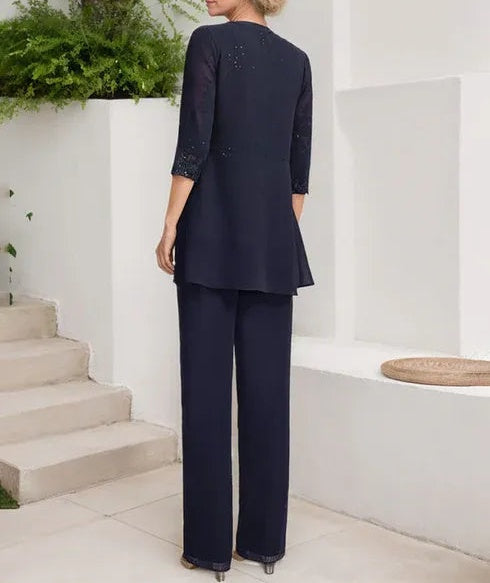 Jumpsuit/Pantsuit Separates Scoop Floor-Length Chiffon Lace Mother of the Bride Dress With Sequins