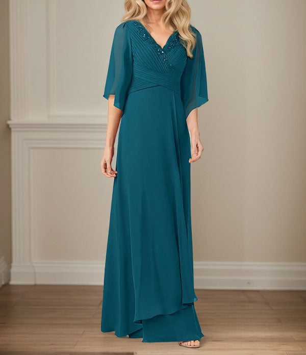 A-Line V-Neck Long Sequins Chiffon Mother Dress