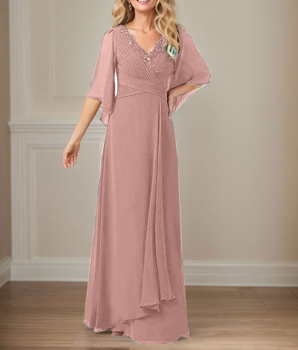 A-Line V-Neck Long Sequins Chiffon Mother Dress