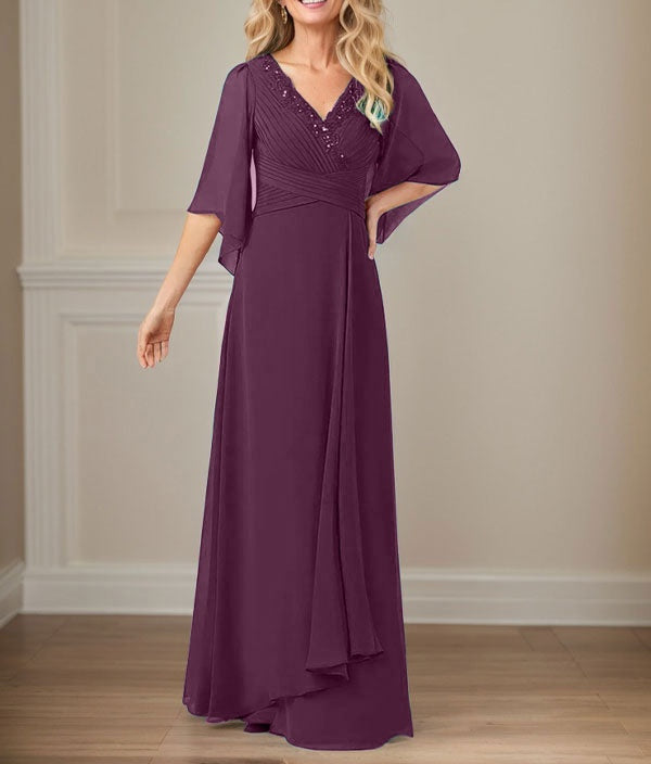 A-Line V-Neck Long Sequins Chiffon Mother Dress