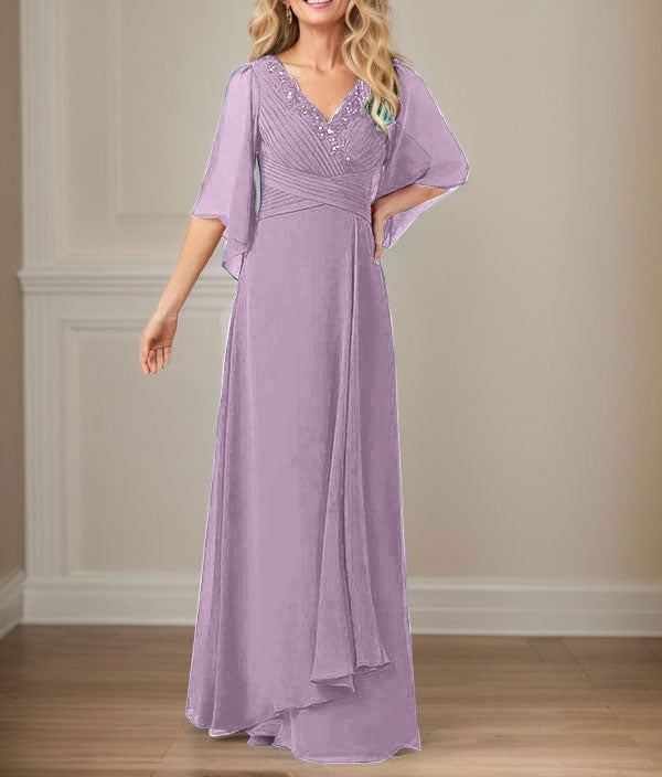 A-Line V-Neck Long Sequins Chiffon Mother Dress