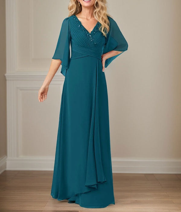 A-Line V-Neck Long Sequins Chiffon Mother Dress