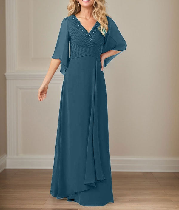 A-Line V-Neck Long Sequins Chiffon Mother Dress