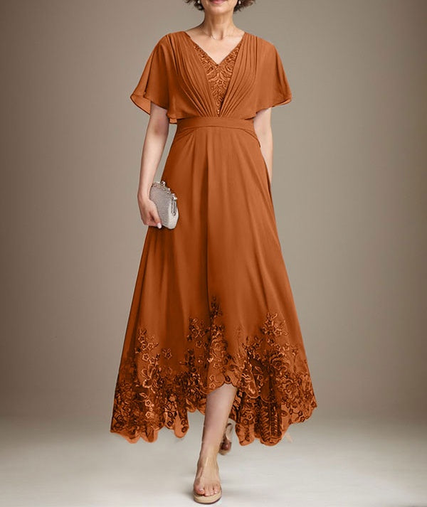 A-line V-Neck Asymmetrical Lace Chiffon Mother of the Bride Dress With Pleated