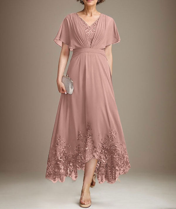 A-line V-Neck Asymmetrical Lace Chiffon Mother of the Bride Dress With Pleated