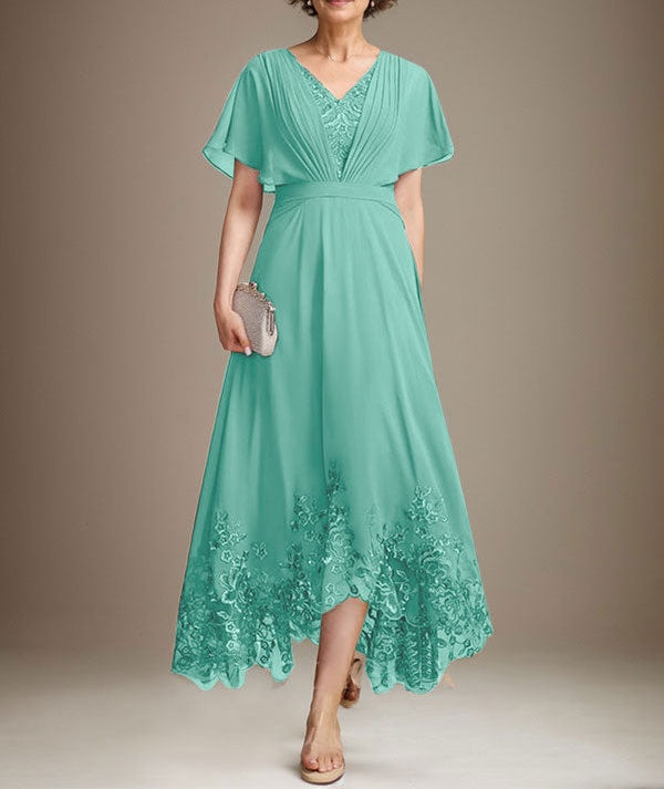A-line V-Neck Asymmetrical Lace Chiffon Mother of the Bride Dress With Pleated