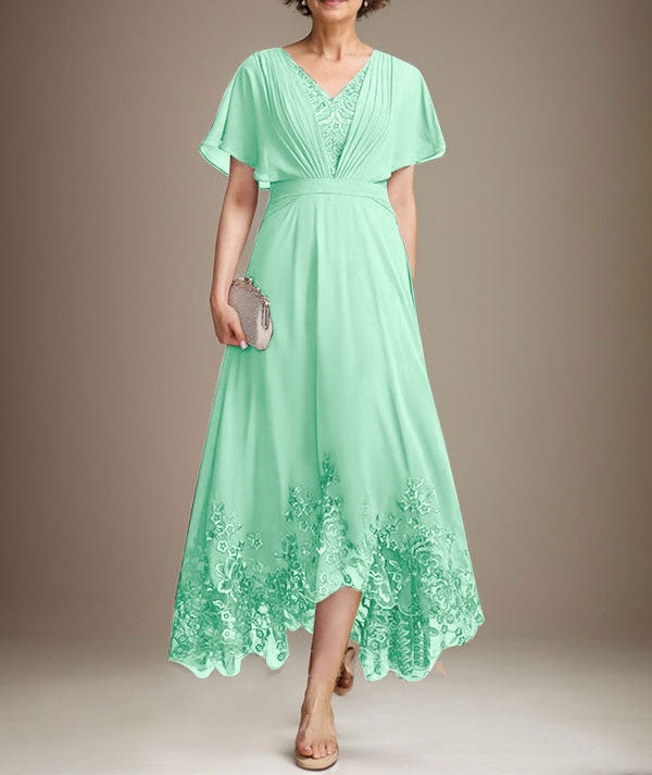 A-line V-Neck Asymmetrical Lace Chiffon Mother of the Bride Dress With Pleated