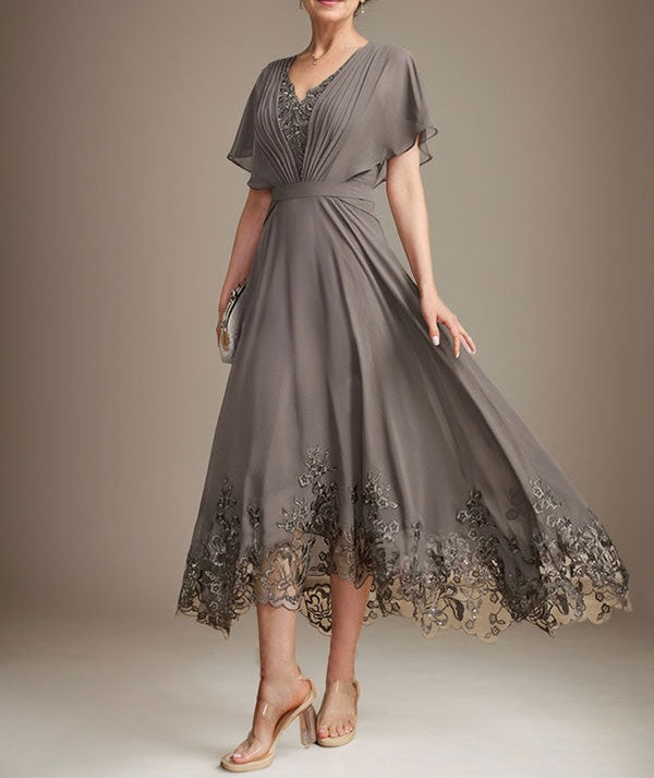 A-line V-Neck Asymmetrical Lace Chiffon Mother of the Bride Dress With Pleated