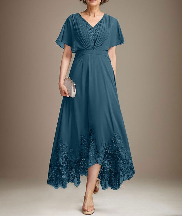 A-line V-Neck Asymmetrical Lace Chiffon Mother of the Bride Dress With Pleated