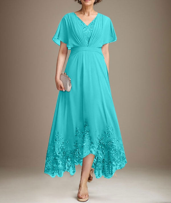 A-line V-Neck Asymmetrical Lace Chiffon Mother of the Bride Dress With Pleated
