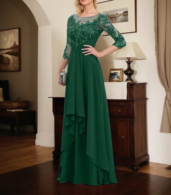 A-line Scoop Illusion Floor-Length Lace Chiffon Mother of the Bride Dress With Cascading Ruffles