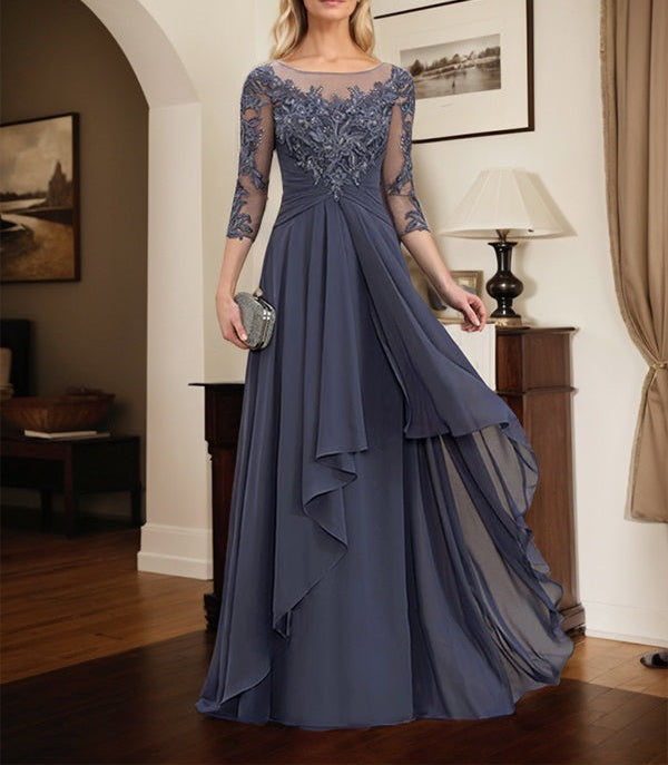 A-line Scoop Illusion Floor-Length Lace Chiffon Mother of the Bride Dress With Cascading Ruffles